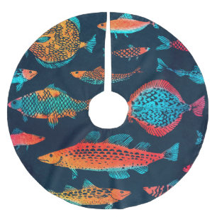 Jupon De Sapin En Polyester Brossé Aquarelle Poissons : Bleu Profond Sans Mer