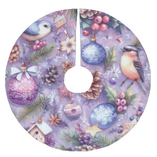 Jupon De Sapin En Polyester Brossé Aquarelle Purple Motifs de Noël Fêtes Oiseaux