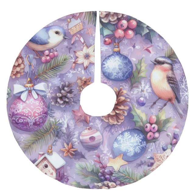 Jupon De Sapin En Polyester Brossé Aquarelle Purple Motifs de Noël Fêtes Oiseaux (Devant)