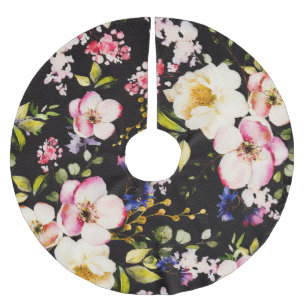 Jupon De Sapin En Polyester Brossé Aquarelle rose Roses Jaunes Arrière - plan noir