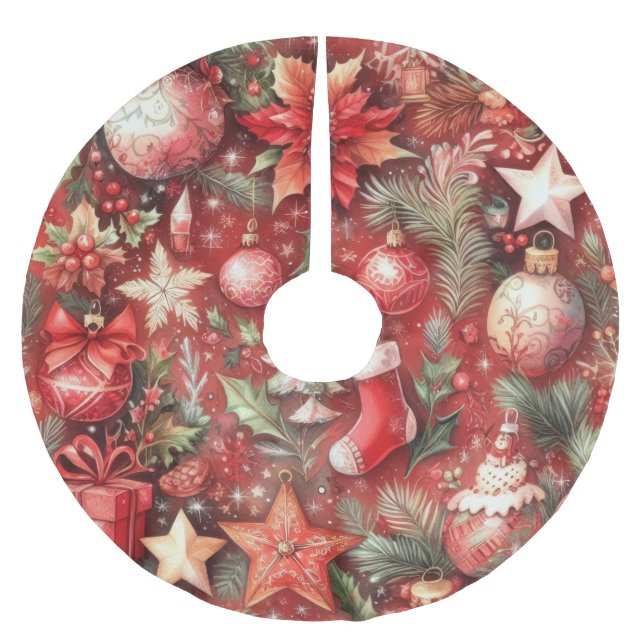 Jupon De Sapin En Polyester Brossé Aquarelle Rouge Motifs de Noël Oiseaux de vacances (Devant)