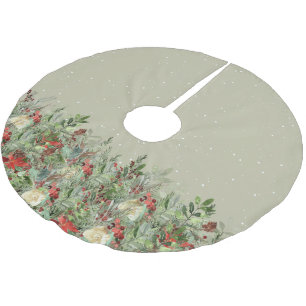 Jupon De Sapin En Polyester Brossé Aquarelle verte de Noël Poinsettia rose goutte