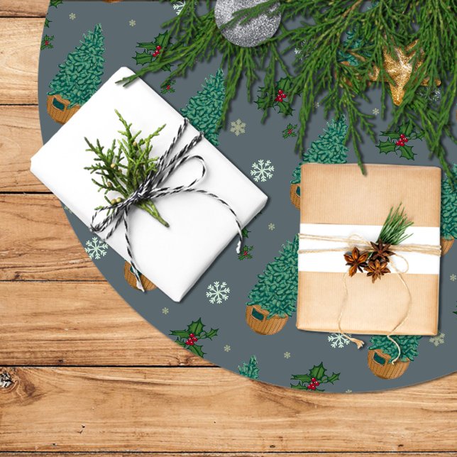 Jupon De Sapin En Polyester Brossé Árbol de navidad con acebo y copos de nieve (Créateur téléchargé)