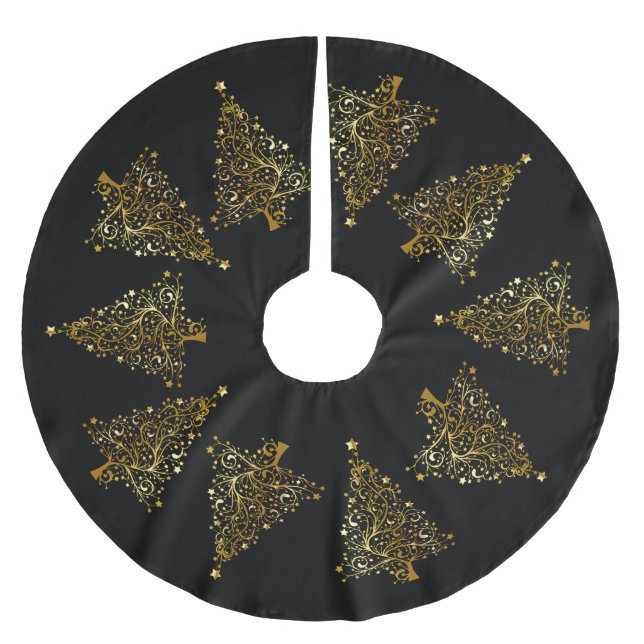 Jupon De Sapin En Polyester Brossé Arbre de Noël doré Motif noir (Devant)
