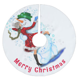 Jupon De Sapin En Polyester Brossé Arbre de Noël Jupe Snowman and Girl Dance