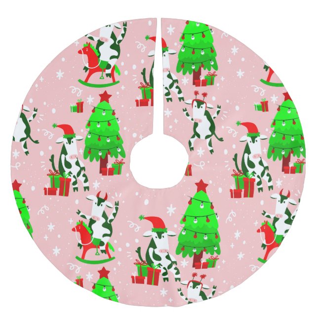 Jupon De Sapin En Polyester Brossé arbre de Noël rose vache père Noël (Devant)