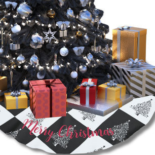Jupon De Sapin En Polyester Brossé Arbres de Noël Noir Blanc Chic Motif à Carreaux