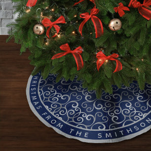 JUPON DE SAPIN EN POLYESTER BROSSÉ ARGENT CLASSÉ & MARINE BLEU NOËL DAMAS PERSONNALIS