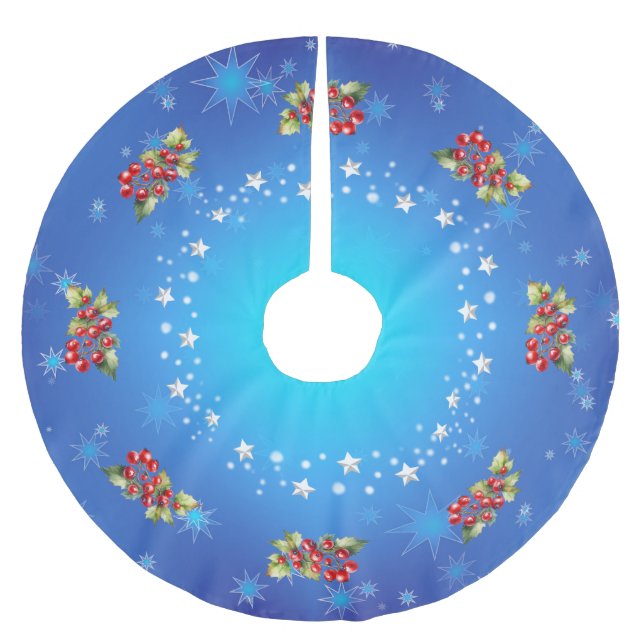 Jupon De Sapin En Polyester Brossé Baies Rouges Bleu Glacé & Étoiles Noël (Devant)