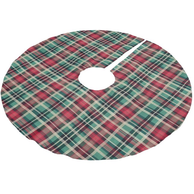 Jupon De Sapin En Polyester Brossé Bandes Plaid Vert Crème Rouge (Angle)