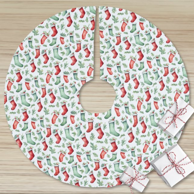 Jupon De Sapin En Polyester Brossé Bas rouges verts chouette Noël (Red Green Stockings Holly Christmas Brushed Polyester Tree Skirt )