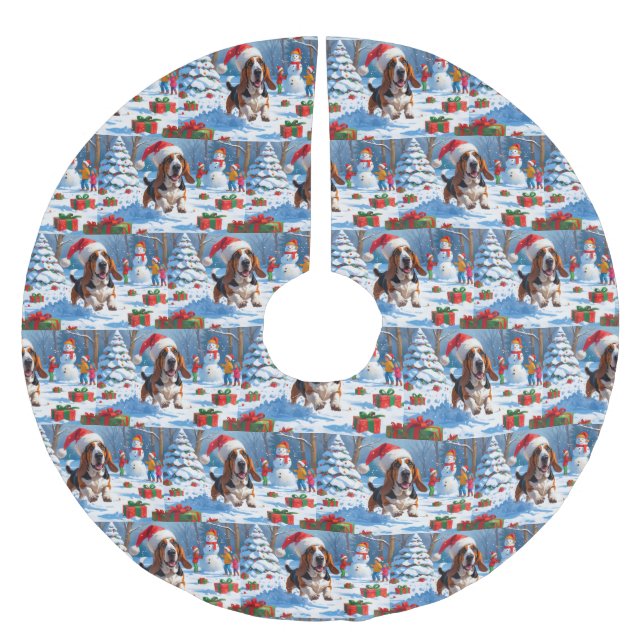 Jupon De Sapin En Polyester Brossé Basset Hound Festive de Noël Scène de neige (Devant)