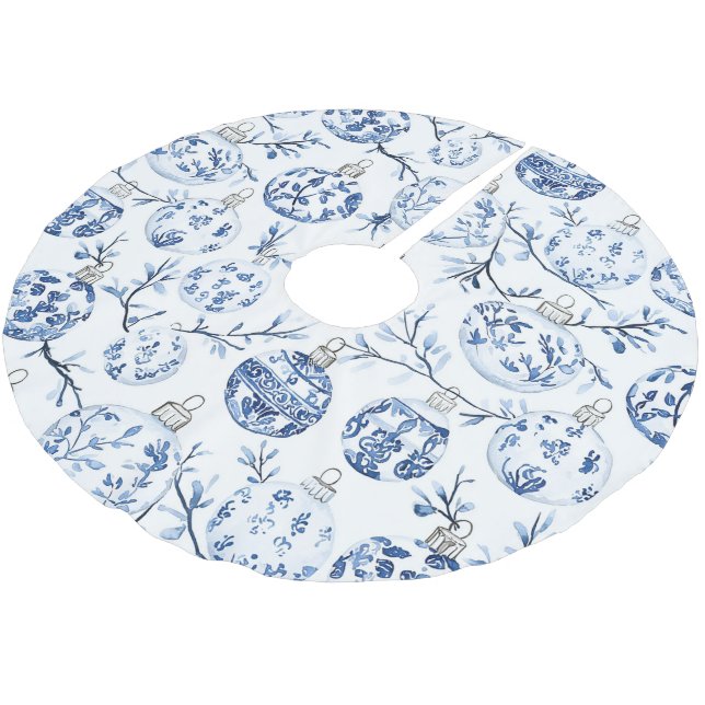 Jupon De Sapin En Polyester Brossé Bleu Chic Ornements de Noël Blancs (Angle)