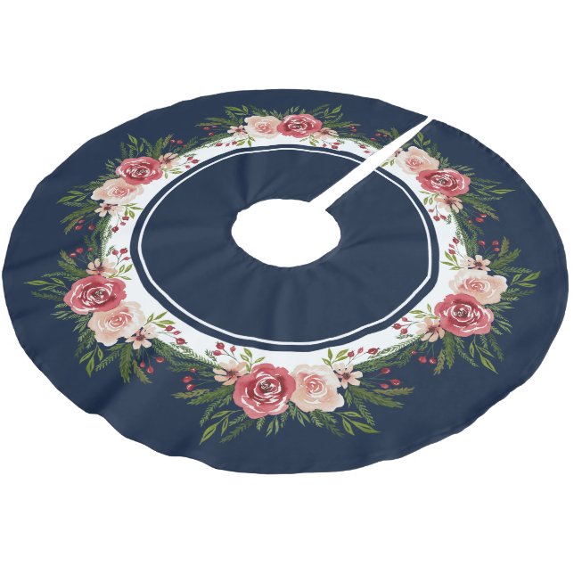 Jupon De Sapin En Polyester Brossé Bleu de la Marine Fleurs d'aquarelle Noël (Angle)