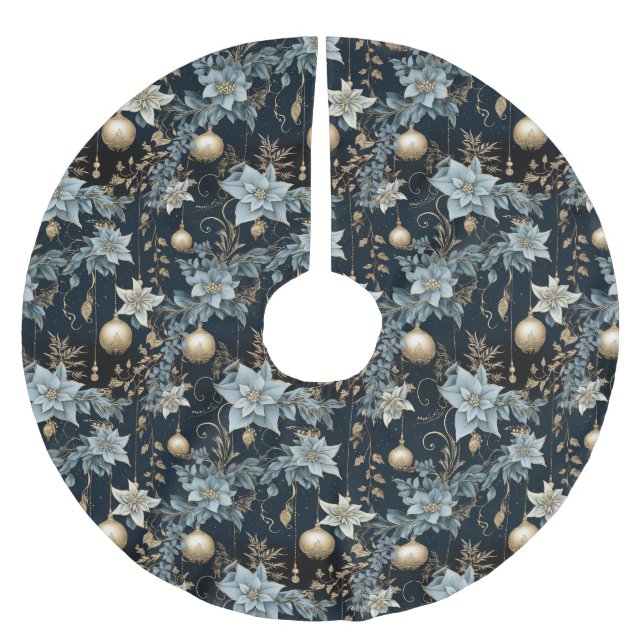 Jupon De Sapin En Polyester Brossé Blue and Gold Christmas Ornaments Poinsettias (Devant)