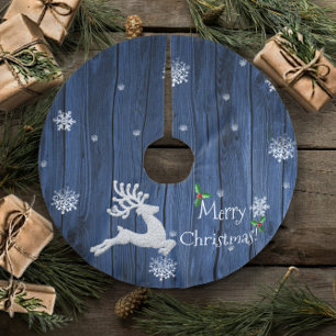 Jupon De Sapin En Polyester Brossé Blue Rustic Christmas Reindeer Jupe d'arbre de Noë