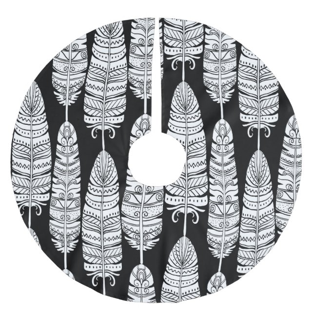 Jupon De Sapin En Polyester Brossé Boho plumes : motif noir et blanc (Devant)