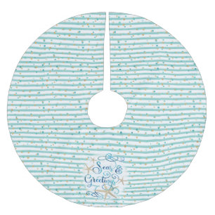 Jupon De Sapin En Polyester Brossé Bonnes Fêtes tropicales, Aqua Stripe & Dots