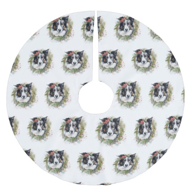 Jupon De Sapin En Polyester Brossé Bordure Collie Fête de Noël Wreath Pup (Devant)