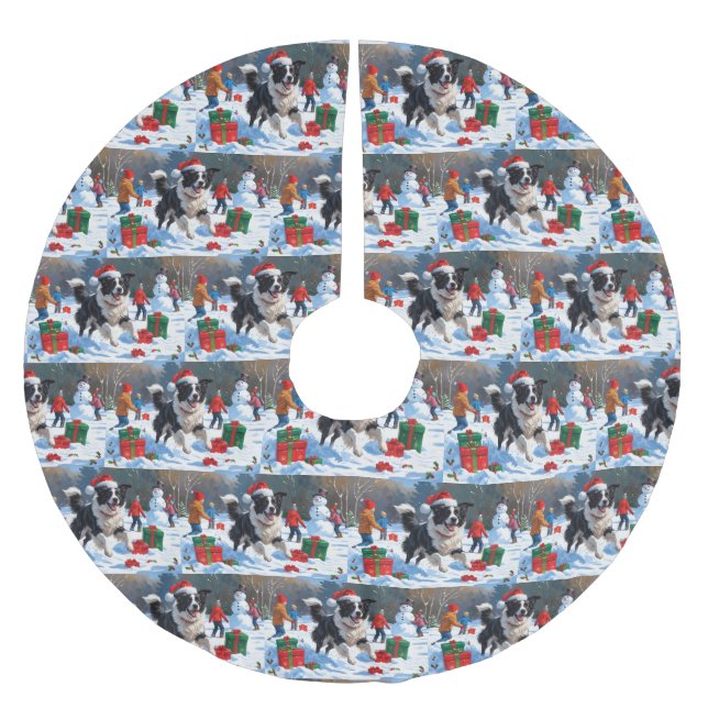 Jupon De Sapin En Polyester Brossé Bordure Collie Noël Festive Scène de neige (Devant)