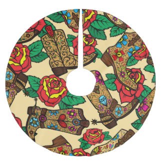 Jupon De Sapin En Polyester Brossé Bottes et Roses Cowboy : Design Vintage.