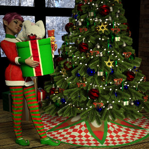 Jupon De Sapin En Polyester Brossé Boules de neige et En vichy de Noël