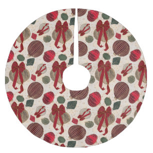 Jupon De Sapin En Polyester Brossé Boules de Noël vintage et rubans rouges sur fond c