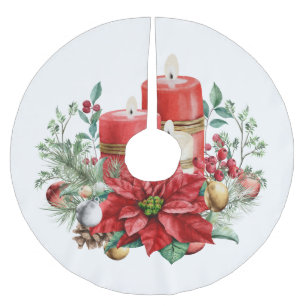 Jupon De Sapin En Polyester Brossé Bouquet de bougies et Poinsettia Noël