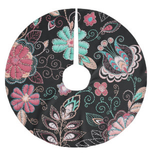 Jupon De Sapin En Polyester Brossé Broderie florale vintage Motif foncé