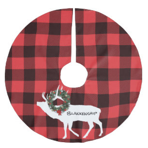 Jupon De Sapin En Polyester Brossé Buffalo Plaid Elk Silhouette Wreath Nom personnali