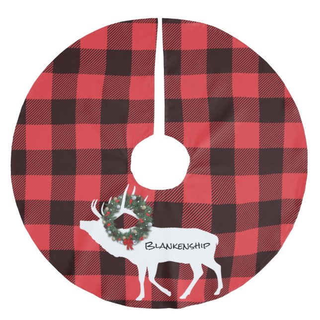 Jupon De Sapin En Polyester Brossé Buffalo Plaid Elk Silhouette Wreath Nom personnali (Devant)
