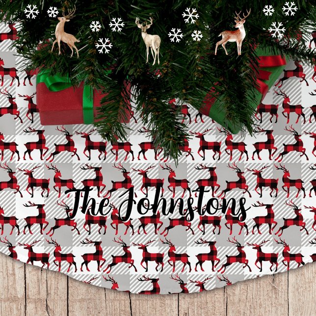 Jupon De Sapin En Polyester Brossé Buffalo Plaid Reindees sur le Buffalo Gris Plaid (Buffalo Plaid Reindeers on Gray Buffalo Plaid Tree Skirt)
