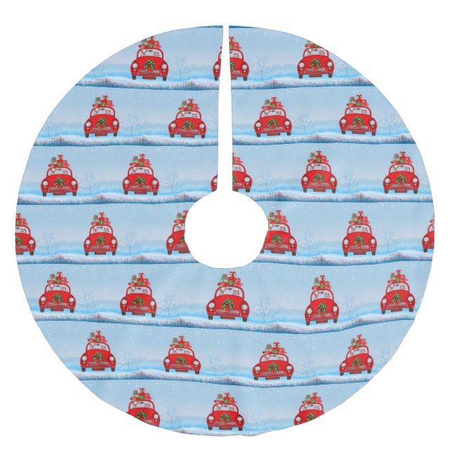 Jupon De Sapin En Polyester Brossé Bulldog Anglais En Voiture Avec Le Père Noël (Devant)