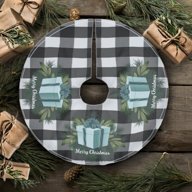 Jupon De Sapin En Polyester Brossé Cadeau de Noël Plaid Buffalo | TURQUOISE (Teal Buffalo Plaid Christmas Gift Tree Skirt)