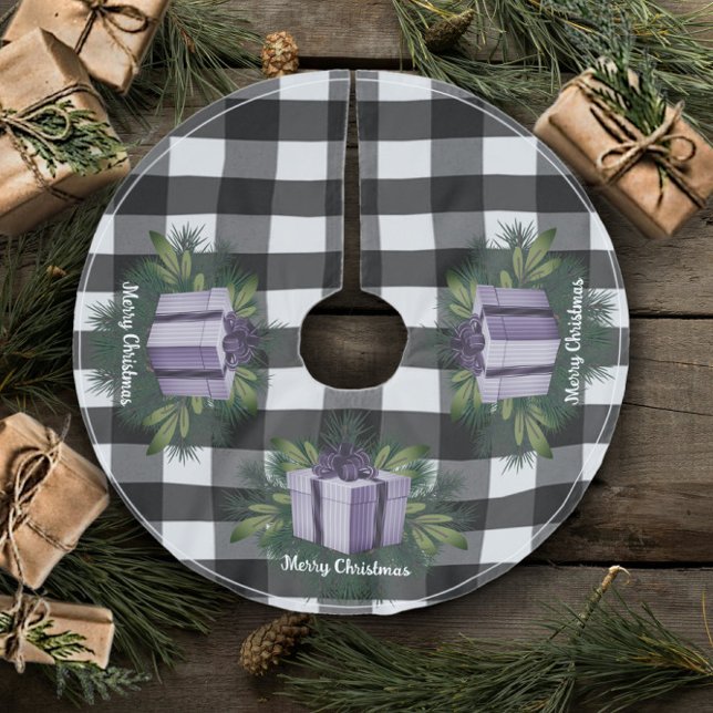 Jupon De Sapin En Polyester Brossé Cadeau de Noël Plaid Buffalo | Violet (Purple Buffalo Plaid Christmas Gift Tree Skirt)