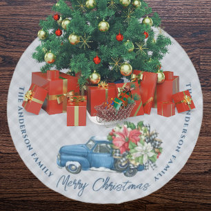 Jupon De Sapin En Polyester Brossé Camion de Noël bleu vintage à carreaux de ferme gr