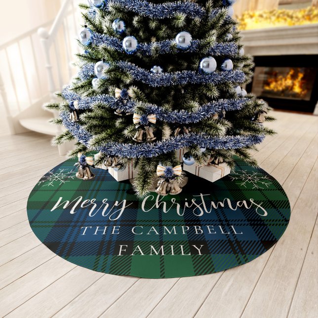 Jupon De Sapin En Polyester Brossé Campbell Tartan Green Blue Snowflakes Russe Plaid (Christmas Plaid Rustic Campbell Tartan Tree Skirt)