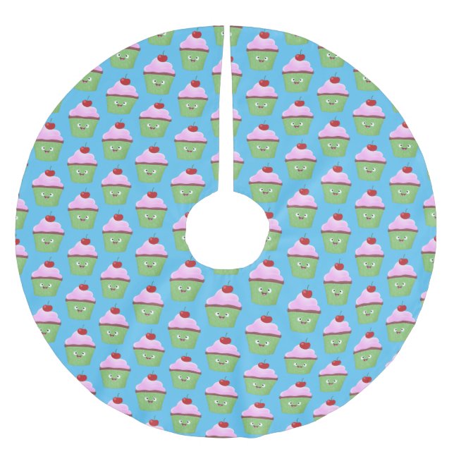 Jupon De Sapin En Polyester Brossé Caricature de cupcake joyeux (Devant)
