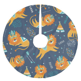 Jupon De Sapin En Polyester Brossé Caricature Lions Tribal Motif sans couture