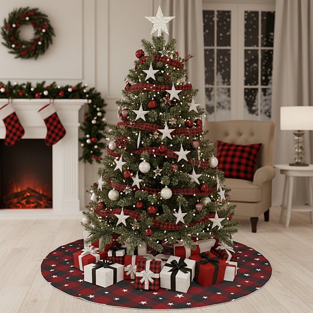Jupon De Sapin En Polyester Brossé Carreaux rouges et noirs avec des étoiles  (Créateur téléchargé)