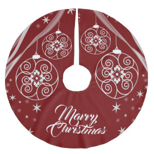 Jupon De Sapin En Polyester Brossé Célébration de Noël Ornements Blancs Étoiles Rouge