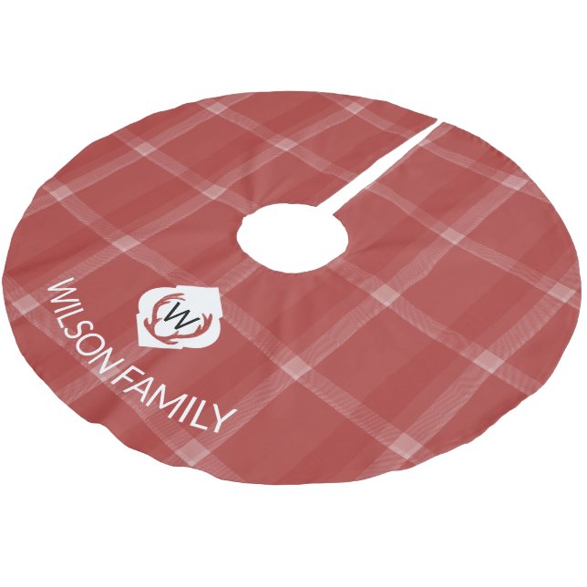 Jupon De Sapin En Polyester Brossé Cerf Antlers Monogramme Tartan Rouge (Angle)