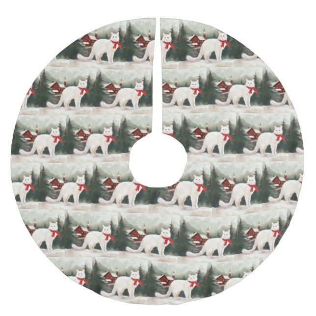 Jupon De Sapin En Polyester Brossé Chat Angora turc en Noël de neige (Devant)