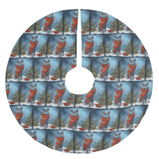 Jupon De Sapin En Polyester Brossé Chat Bleu Russe dans la neige de Noël (Devant)