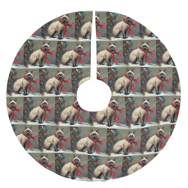 Jupon De Sapin En Polyester Brossé Chat siamois à Noël de neige (Devant)