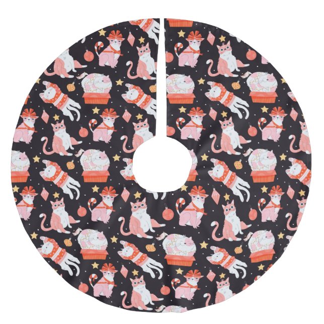 Jupon De Sapin En Polyester Brossé Chats de Noël mignons (Devant)