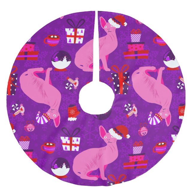 Jupon De Sapin En Polyester Brossé chats sphynx de Noël père Noël sphinx rose (Devant)