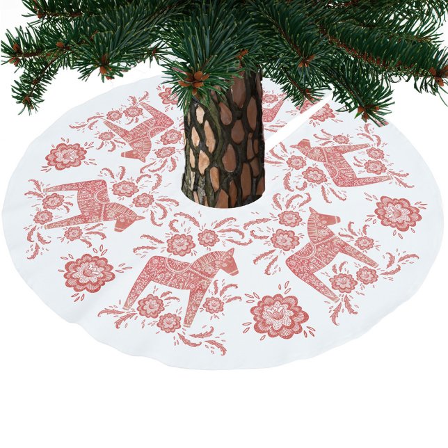Jupon De Sapin En Polyester Brossé Cheval de Dala suédois Rouge et blanc (Swedish Dala Horse red and white Scandinavian folk art pattern festive Christmas tree skirt)