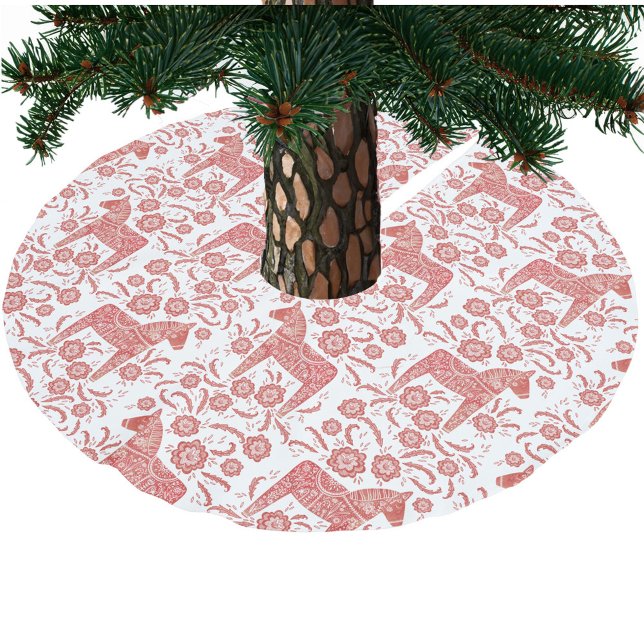 Jupon De Sapin En Polyester Brossé Cheval de Dala suédois Rouge et blanc (Red and white Swedish Dala Horse pattern festive Christmas tree skirt)