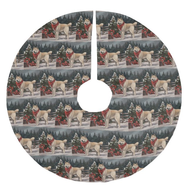 Jupon De Sapin En Polyester Brossé Chien Akita dans la neige Noël (Devant)